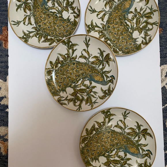 Pottery Barn Peacock Plates 9.5" Art Nouveau Ceramic Green Teal Gold White - Picture 8 of 13